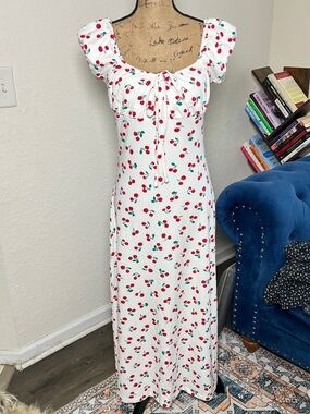 White Cherry-Print Puff Sleeve Maxi Dress
